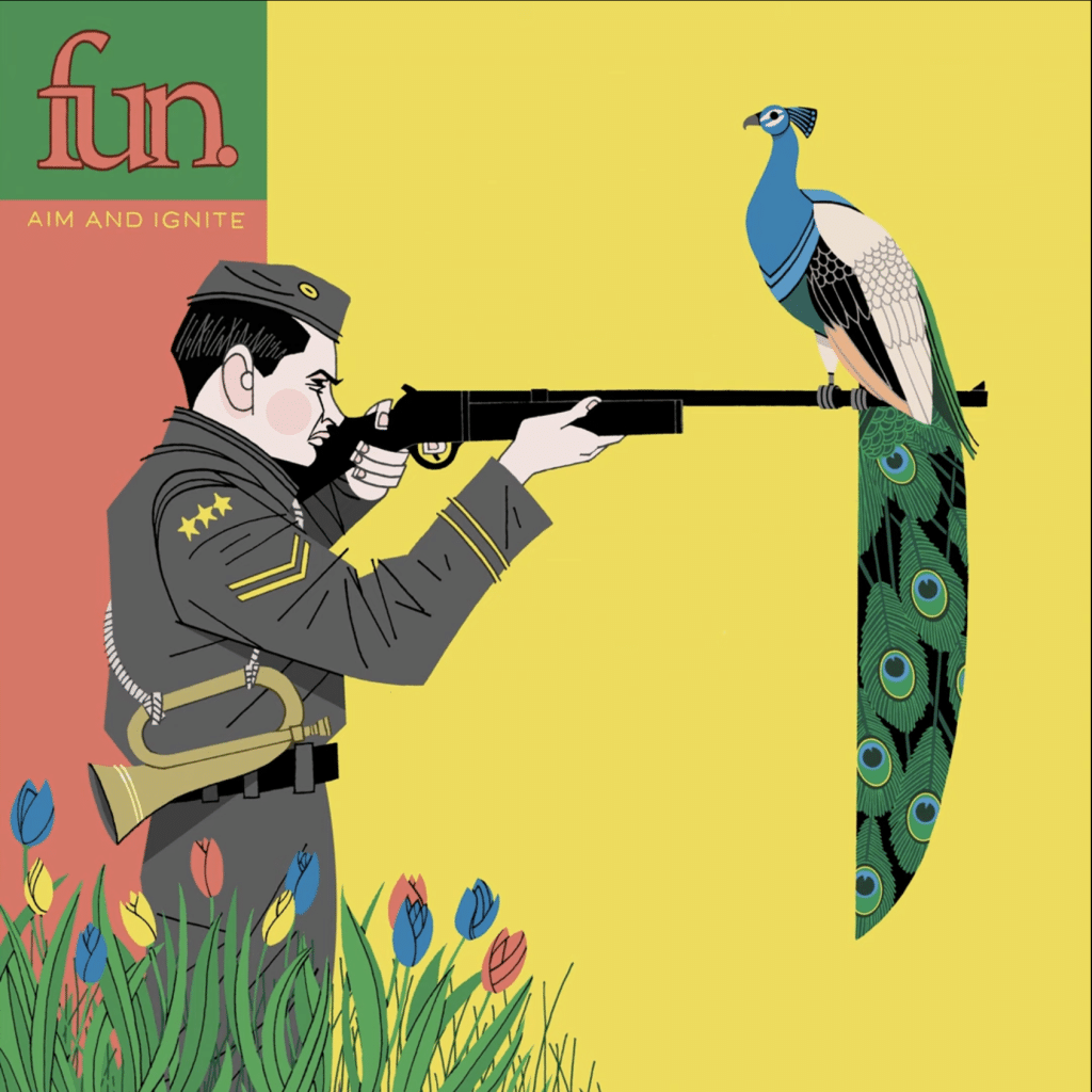 A peacock mounts the barrel of a rifle being shot by a soldier with a bugle.